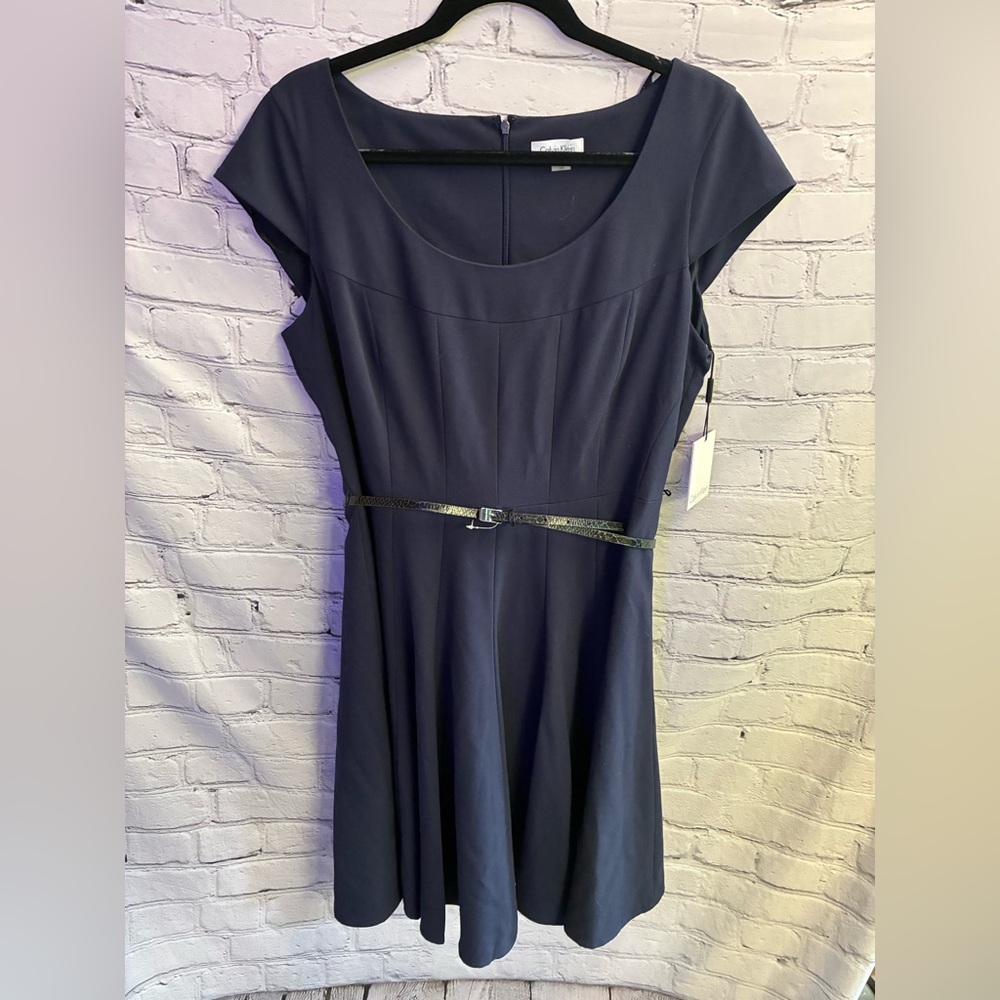 Calvin Klein Blue Paneled Cap Sleeve A-Line Knee Length Belted Dress NWT Size 12 - Picture 2 of 9